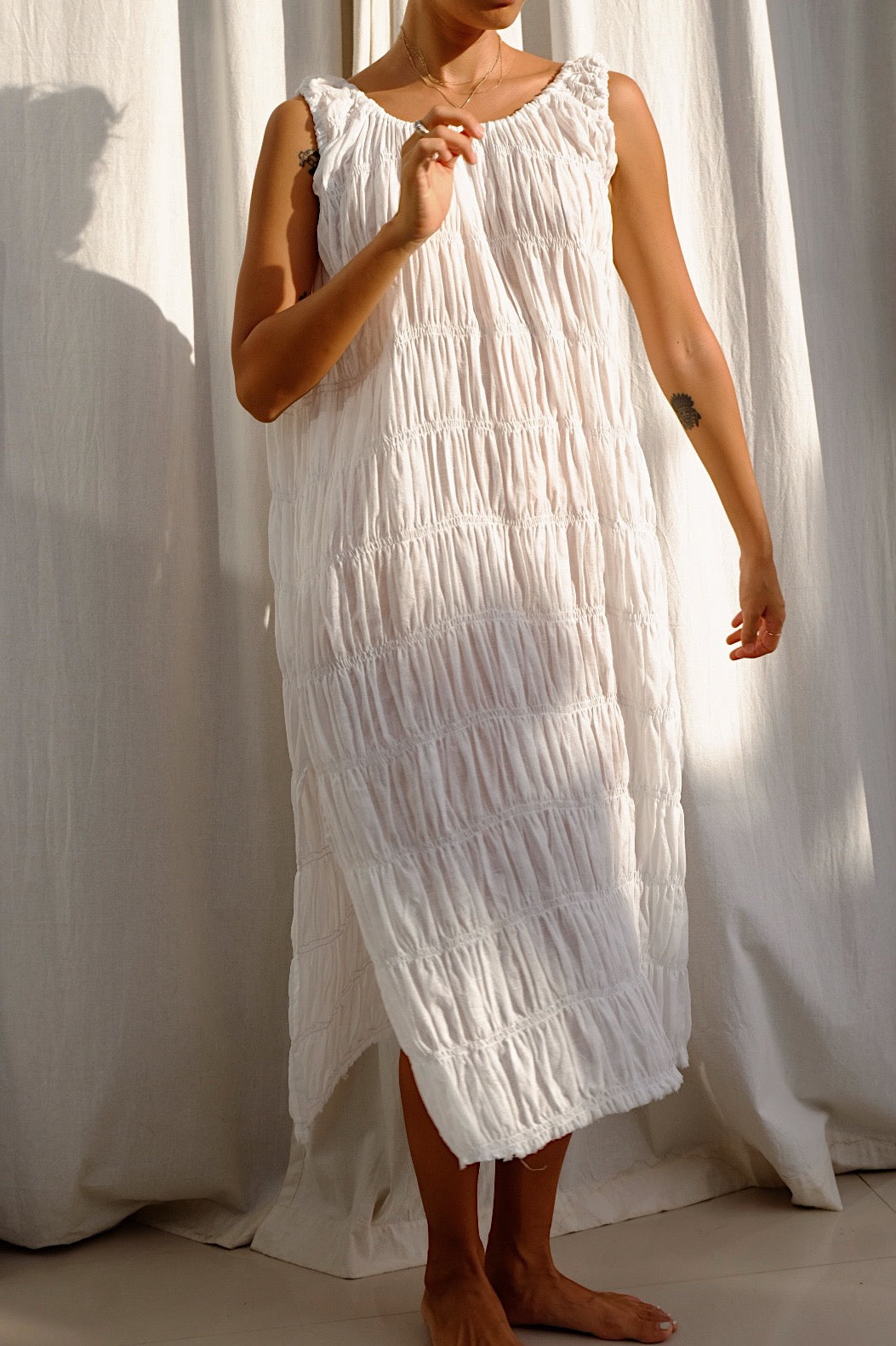 soft elasticated sheer cotton low back midi dress