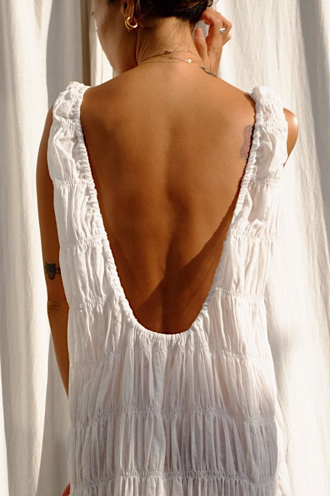 soft elasticated sheer cotton low back midi dress