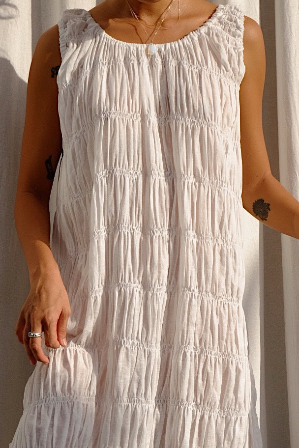 soft elasticated sheer cotton low back midi dress