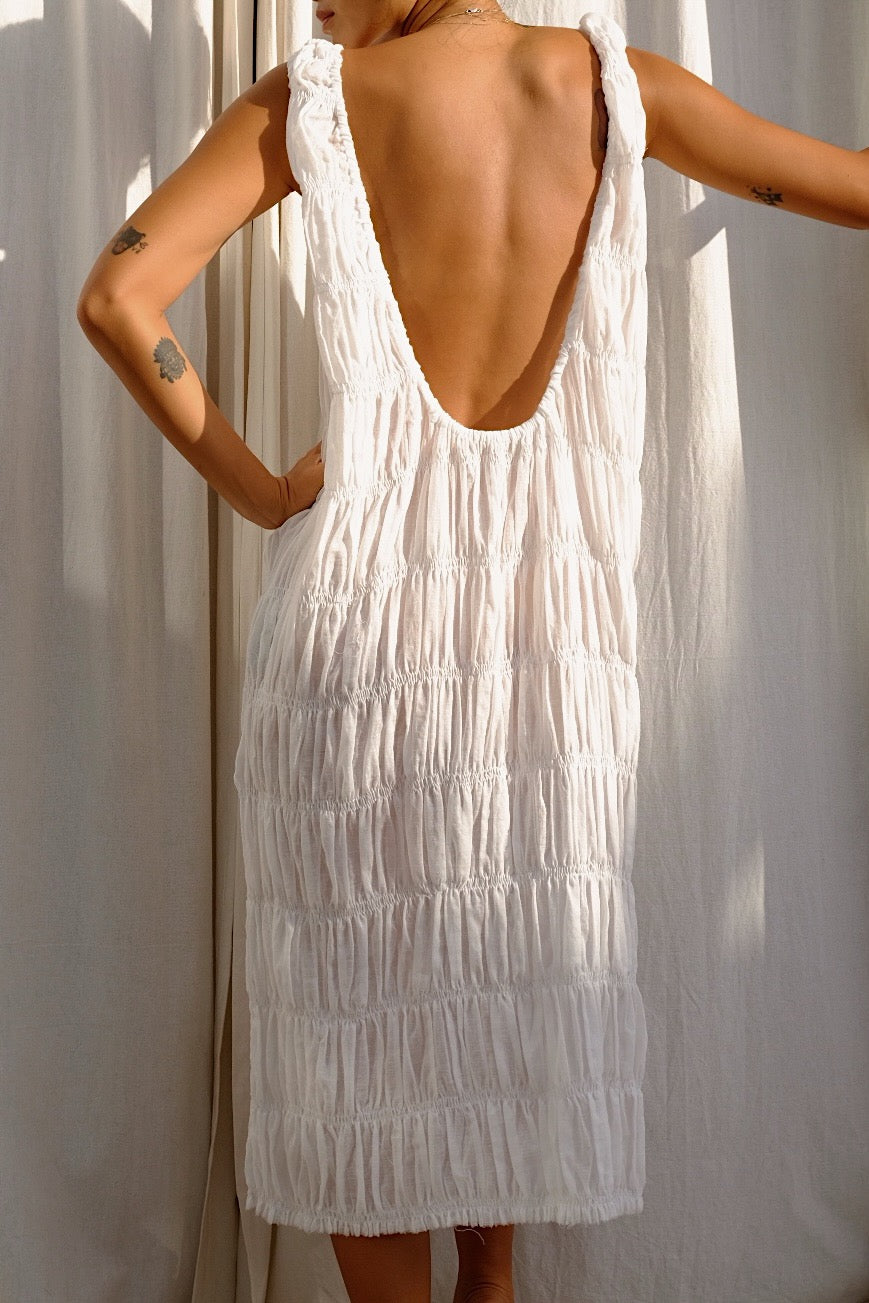soft elasticated sheer cotton low back midi dress