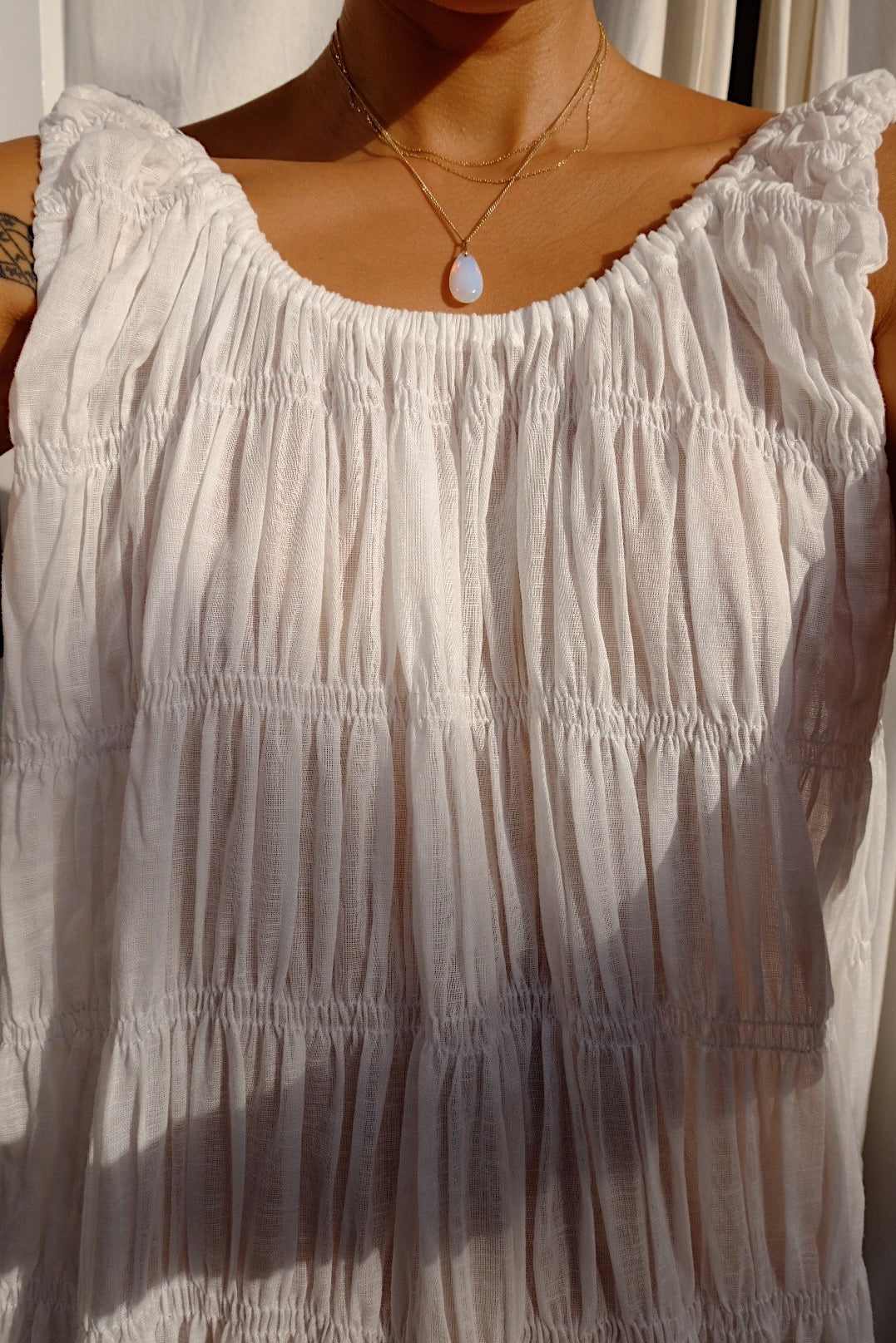 soft elasticated sheer cotton low back midi dress