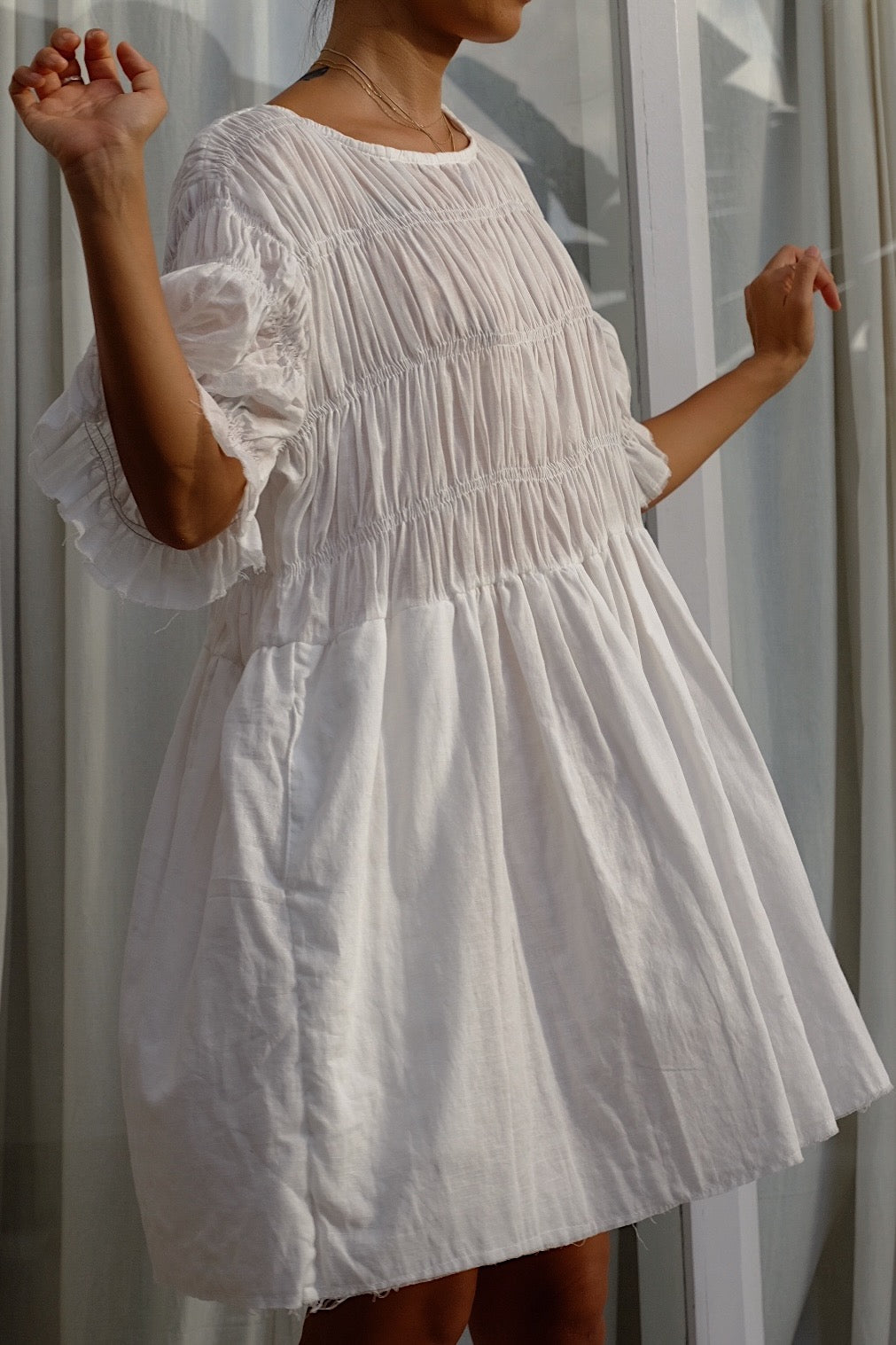 softly elasticated sheer cotton babydoll mini dress