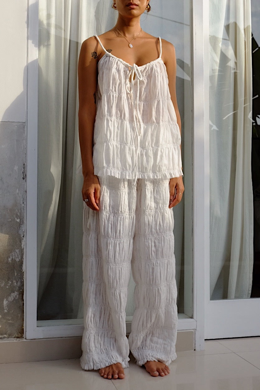 softly elasticated sheer cotton front tie sleeveless top