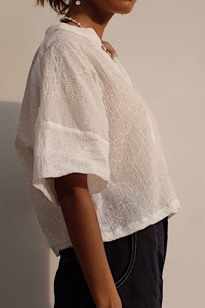 flower embroidery cropped blouse with open neck