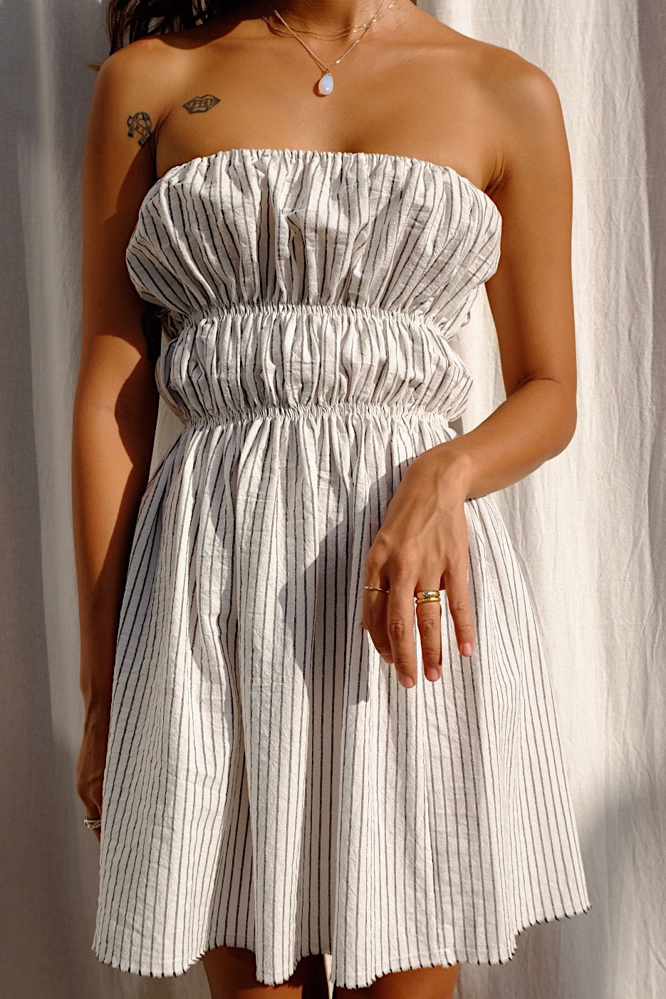 cotton stripe strapless tube top mini dress
