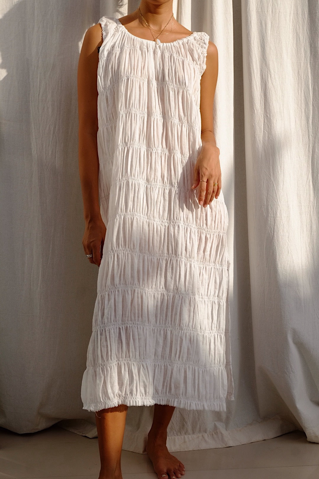 soft elasticated sheer cotton low back midi dress
