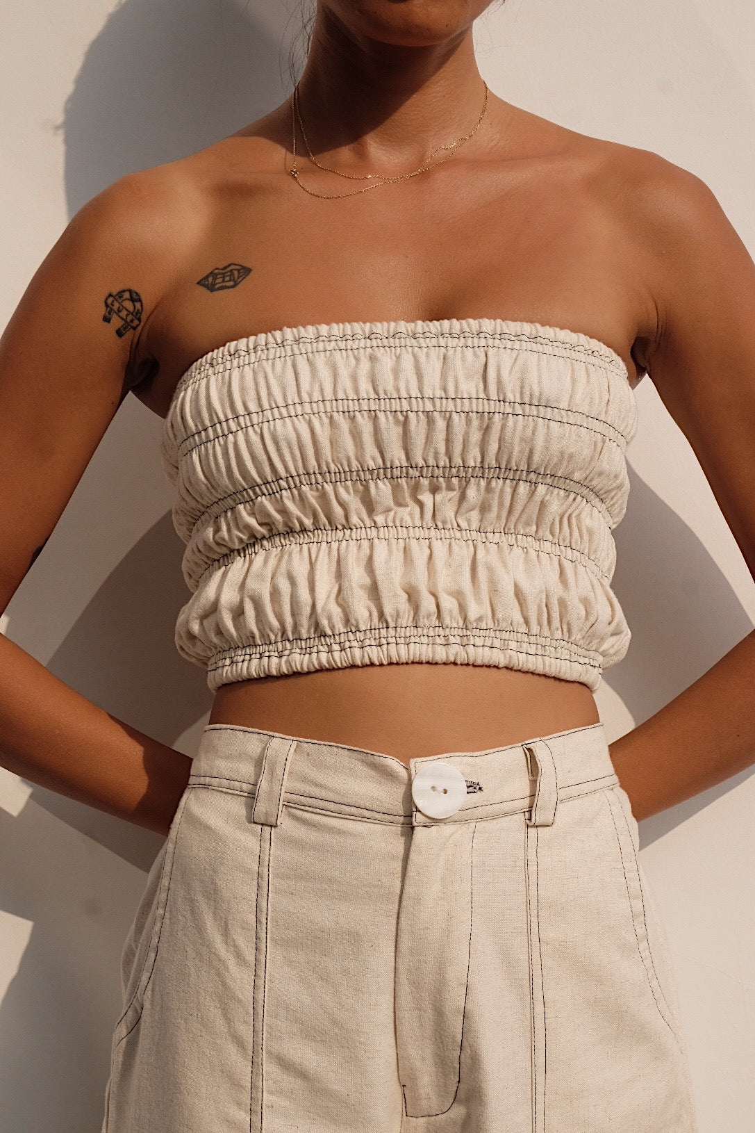 oatmeal linen blend bandeau top with contrast stitching