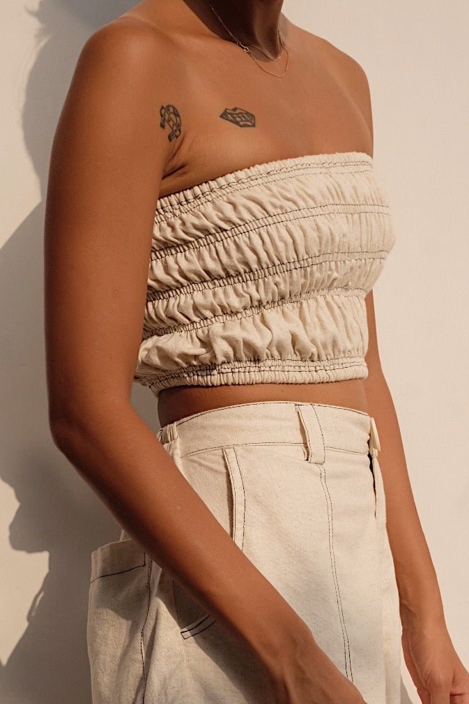 oatmeal linen blend bandeau top with contrast stitching