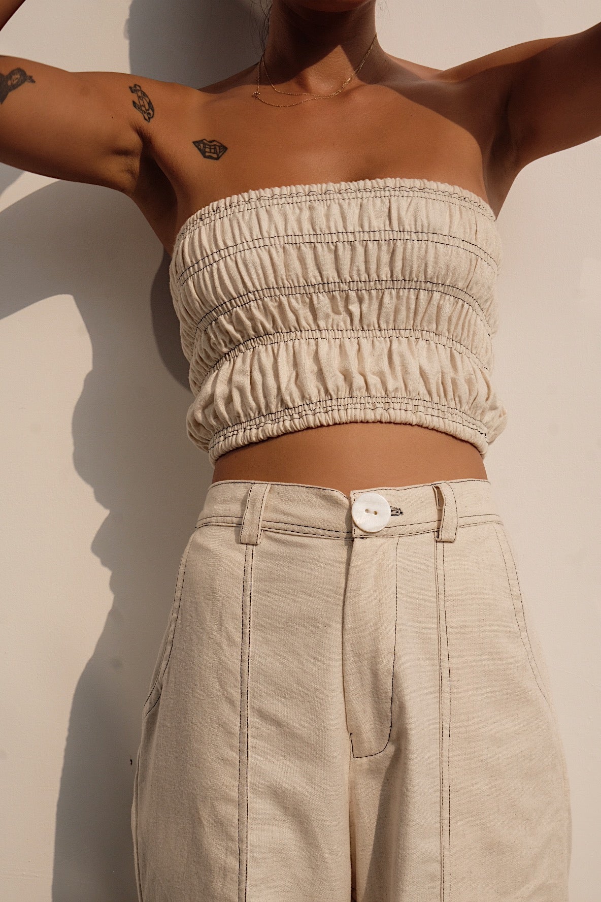 oatmeal linen blend bandeau top with contrast stitching