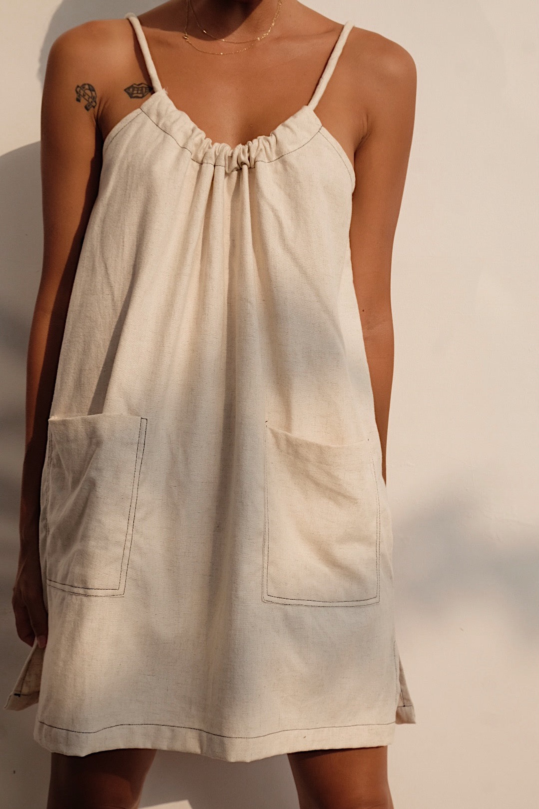 oatmeal linen blend tie back mini dress 