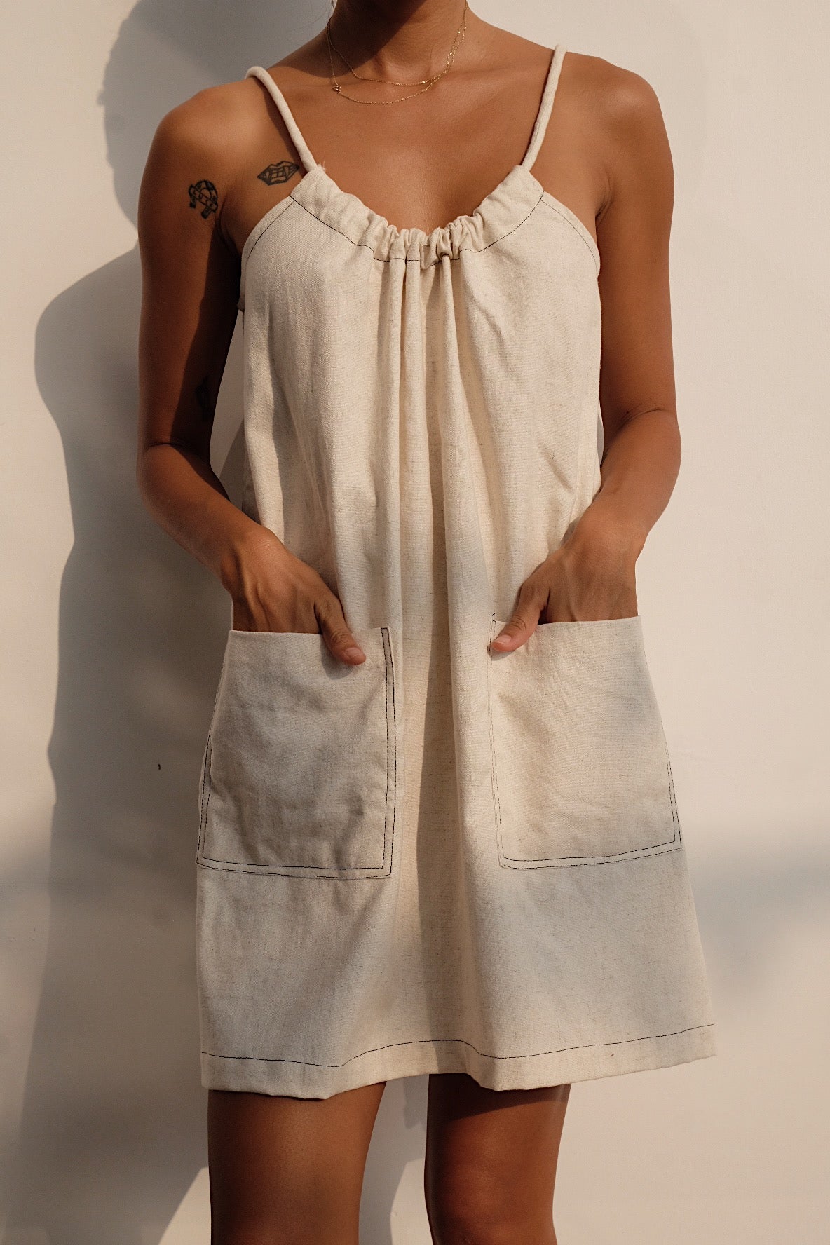 oatmeal linen blend tie back mini dress 