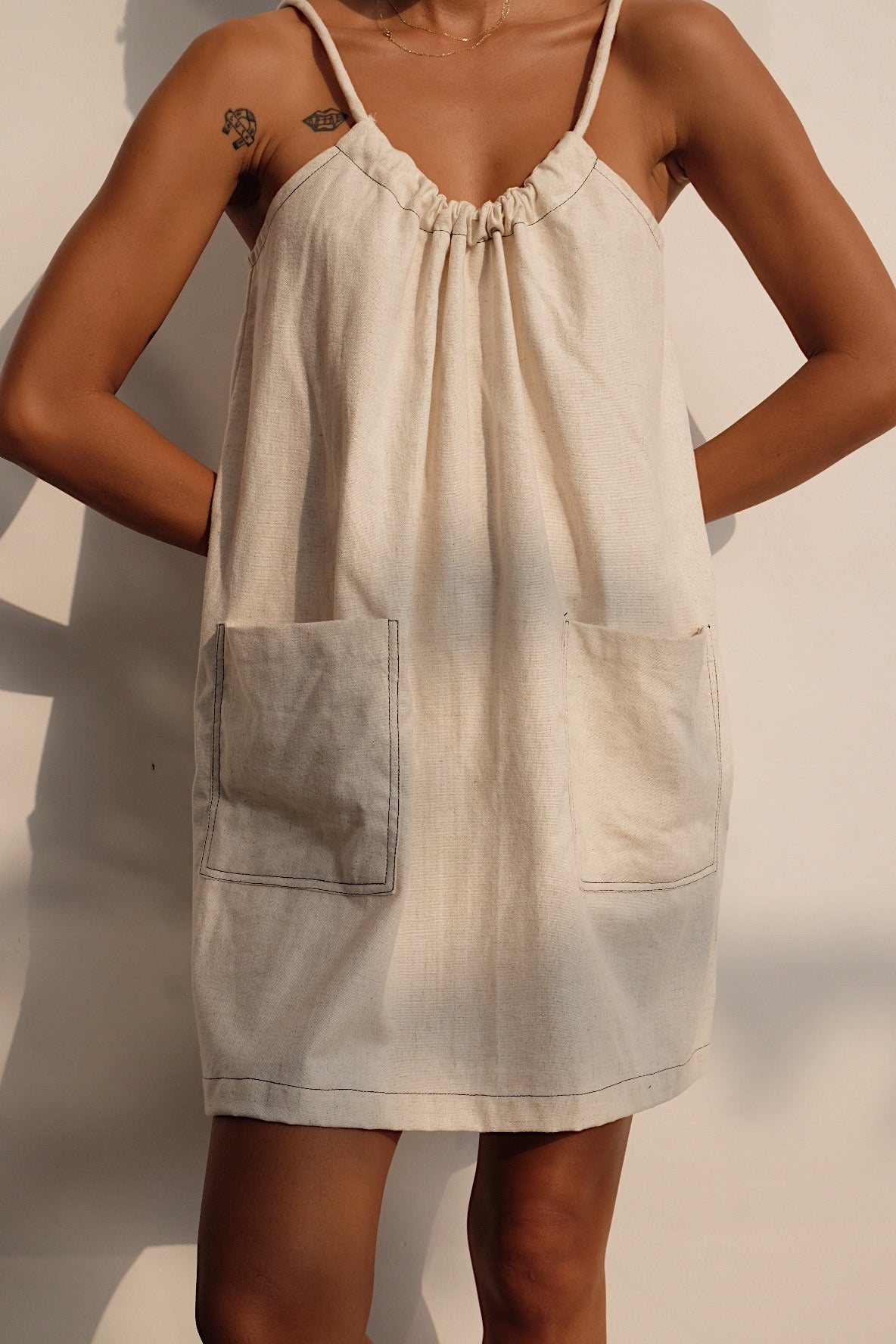 oatmeal linen blend tie back mini dress 