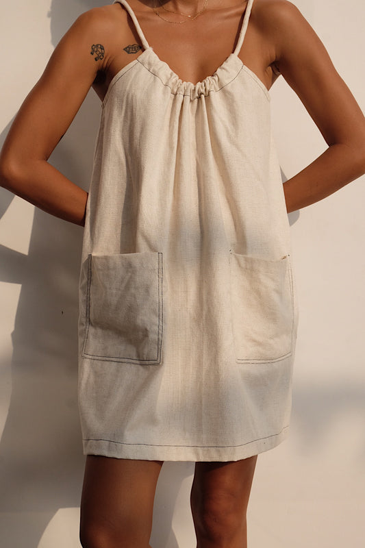 oatmeal linen blend tie back mini dress 