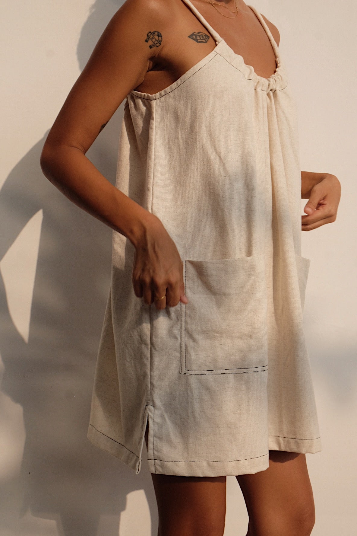 oatmeal linen blend tie back mini dress 