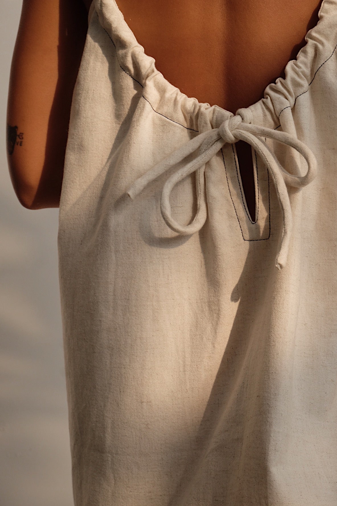 oatmeal linen blend tie back mini dress 