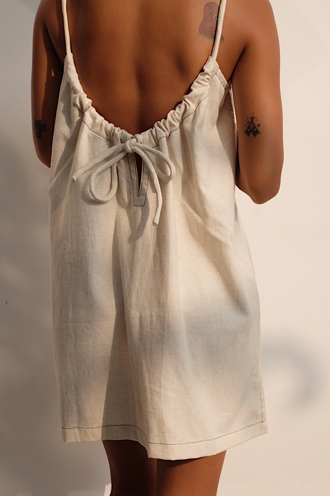 oatmeal linen blend tie back mini dress 