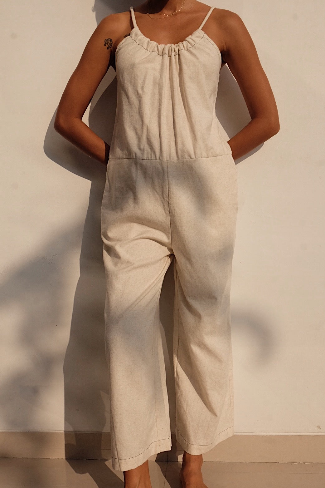 oatmeal linen blend tie back jumpsuit