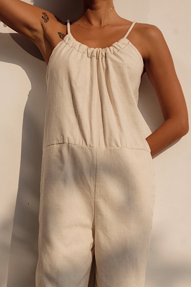 oatmeal linen blend tie back jumpsuit