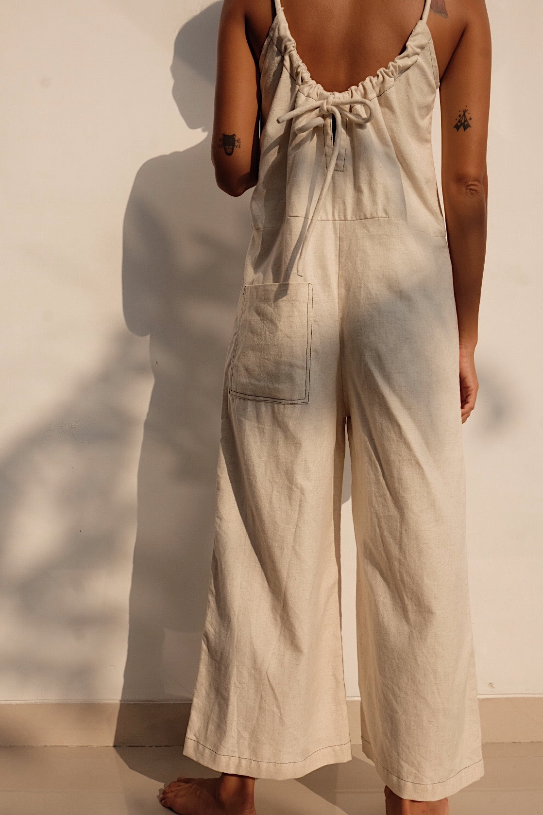 oatmeal linen blend tie back jumpsuit