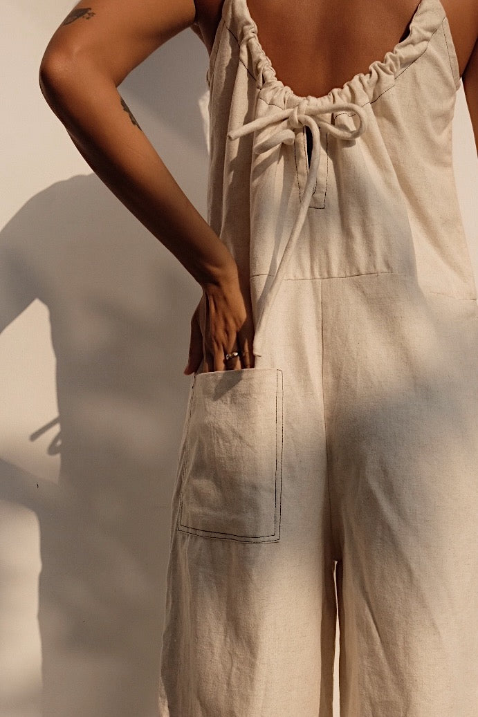 oatmeal linen blend tie back jumpsuit