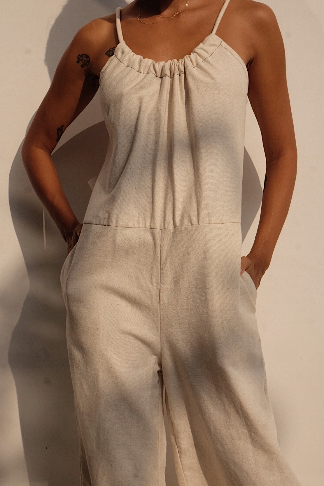 oatmeal linen blend tie back jumpsuit