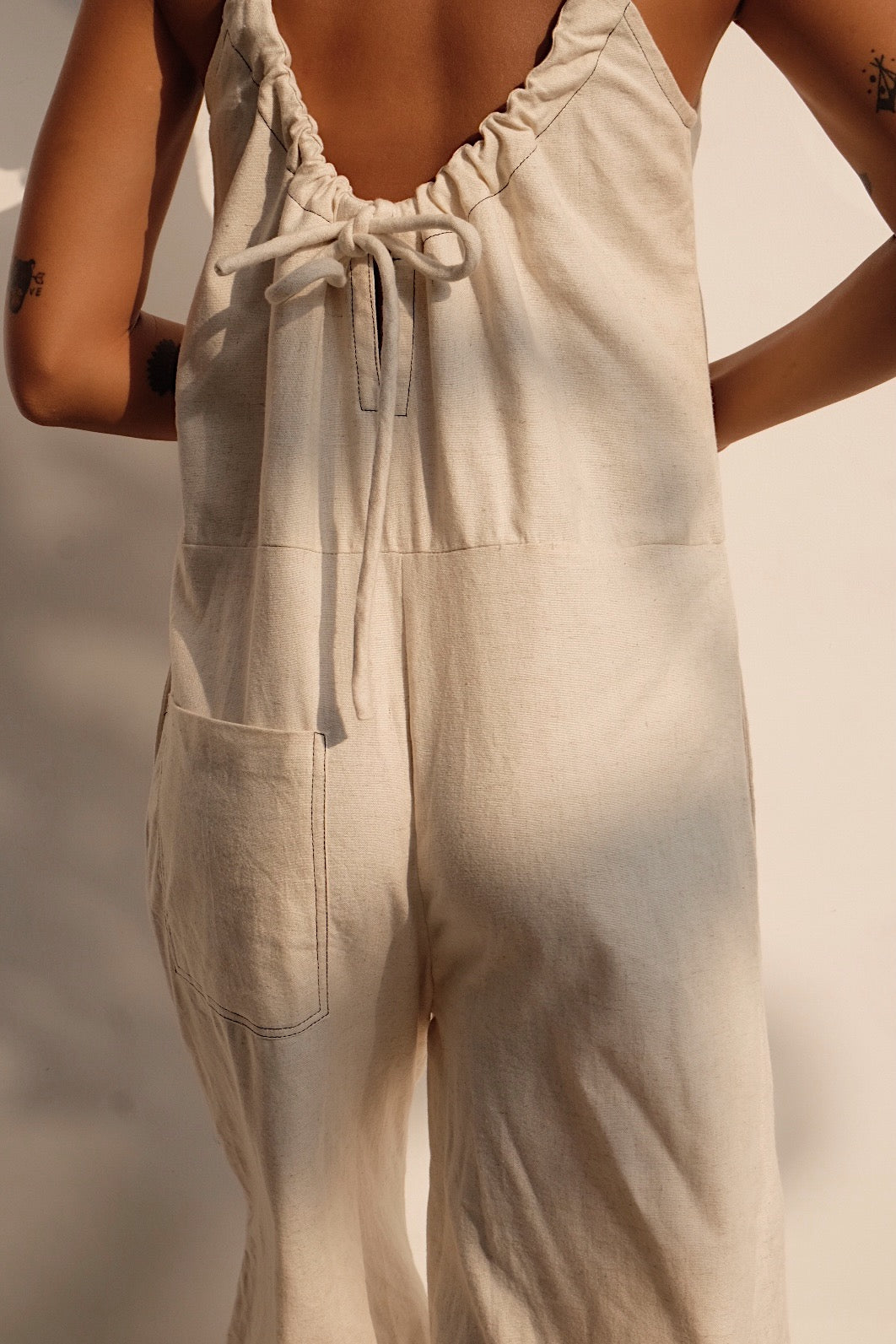 oatmeal linen blend tie back jumpsuit