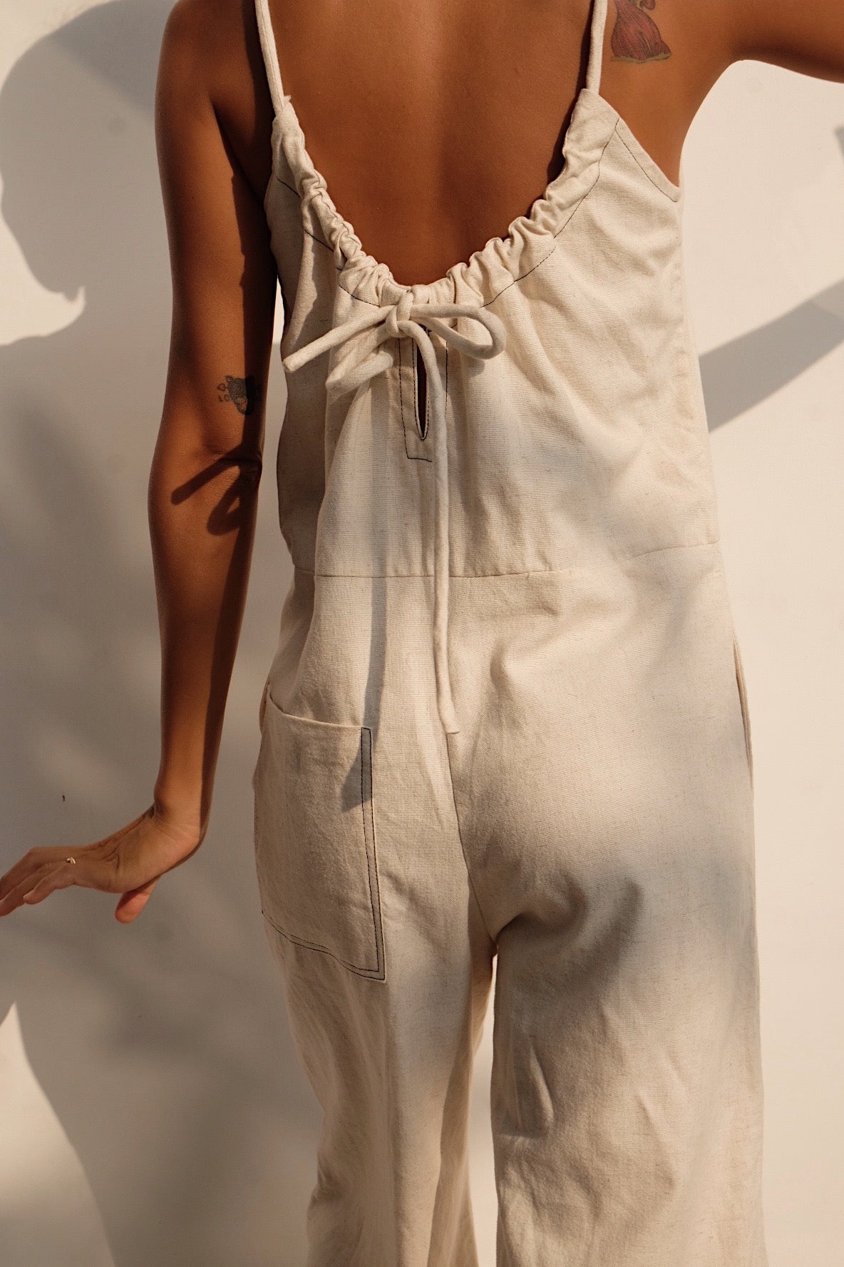 oatmeal linen blend tie back jumpsuit