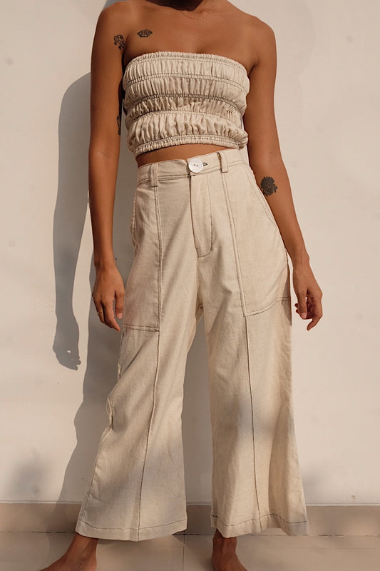 oatmeal linen blend cropped flare pants with contrast stitching