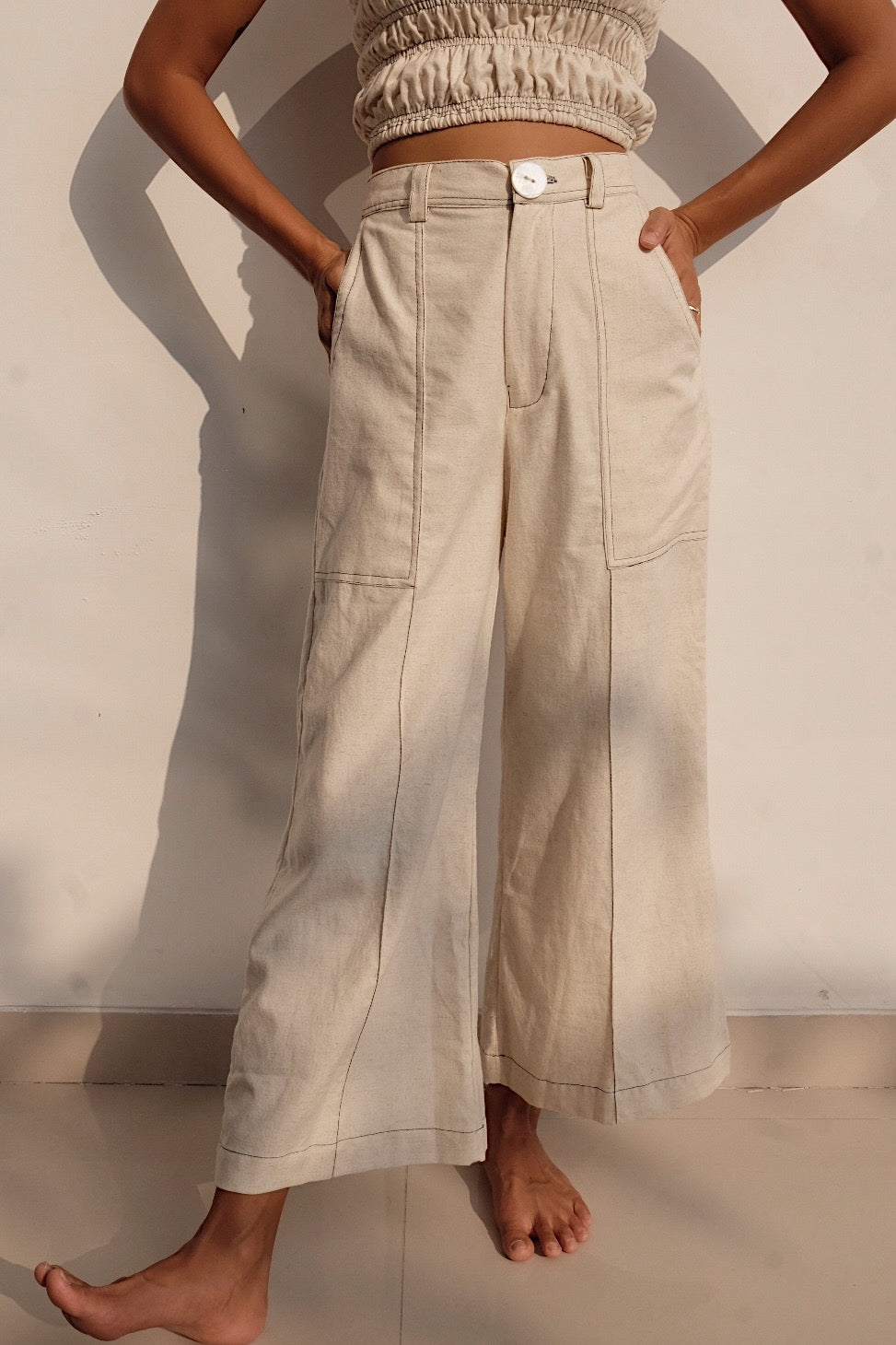 oatmeal linen blend cropped flare pants with contrast stitching