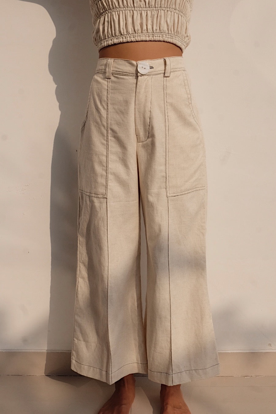 oatmeal linen blend cropped flare pants with contrast stitching