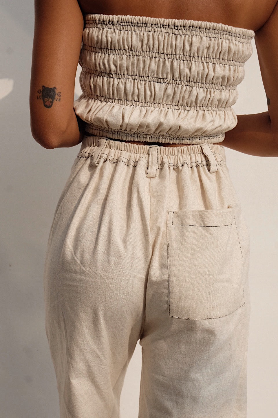 oatmeal linen blend cropped flare pants with contrast stitching