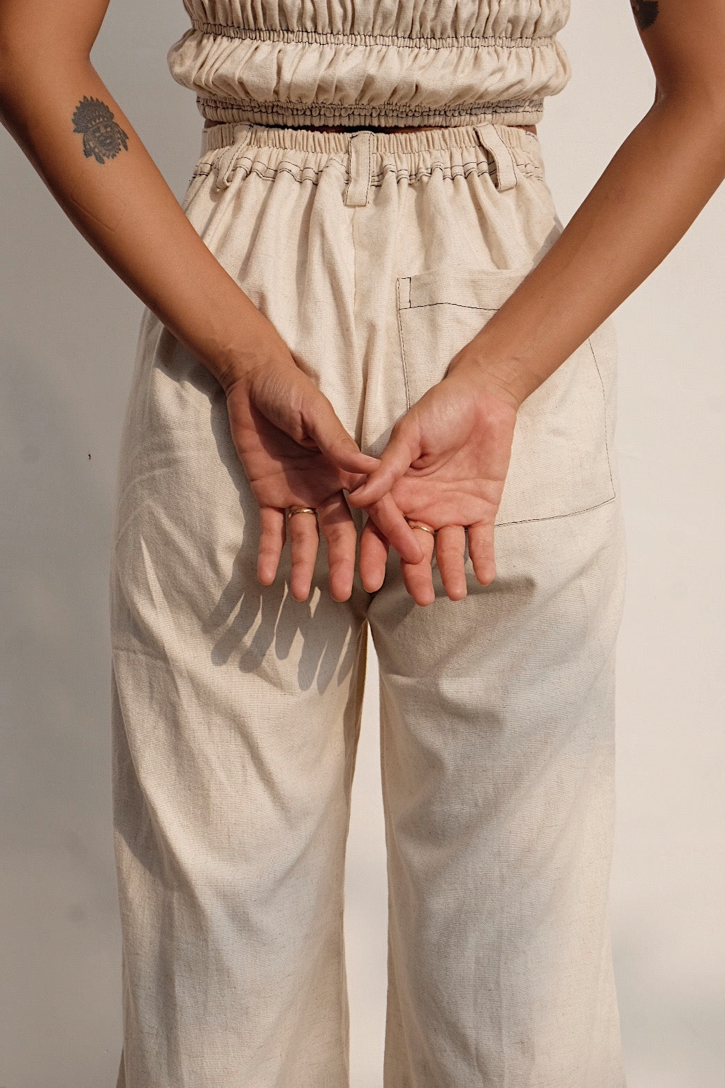 oatmeal linen blend cropped flare pants with contrast stitching