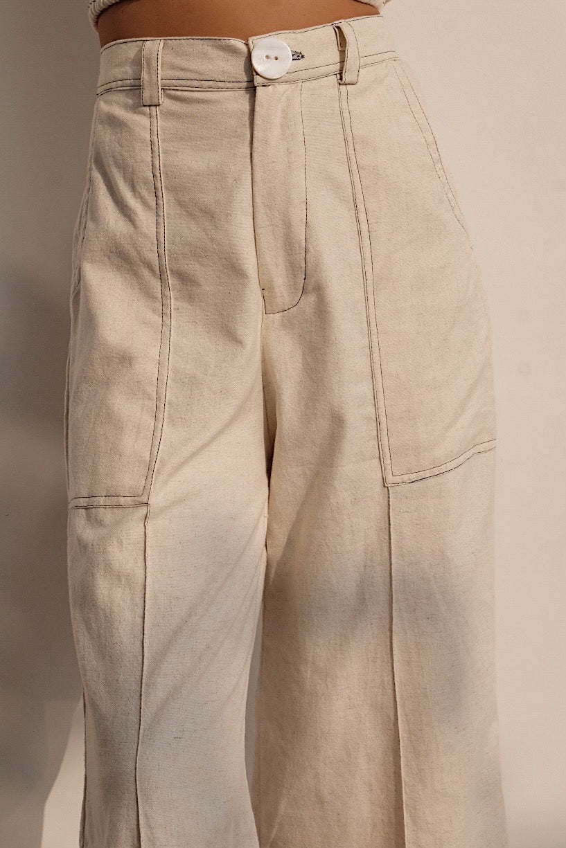 oatmeal linen blend cropped flare pants with contrast stitching