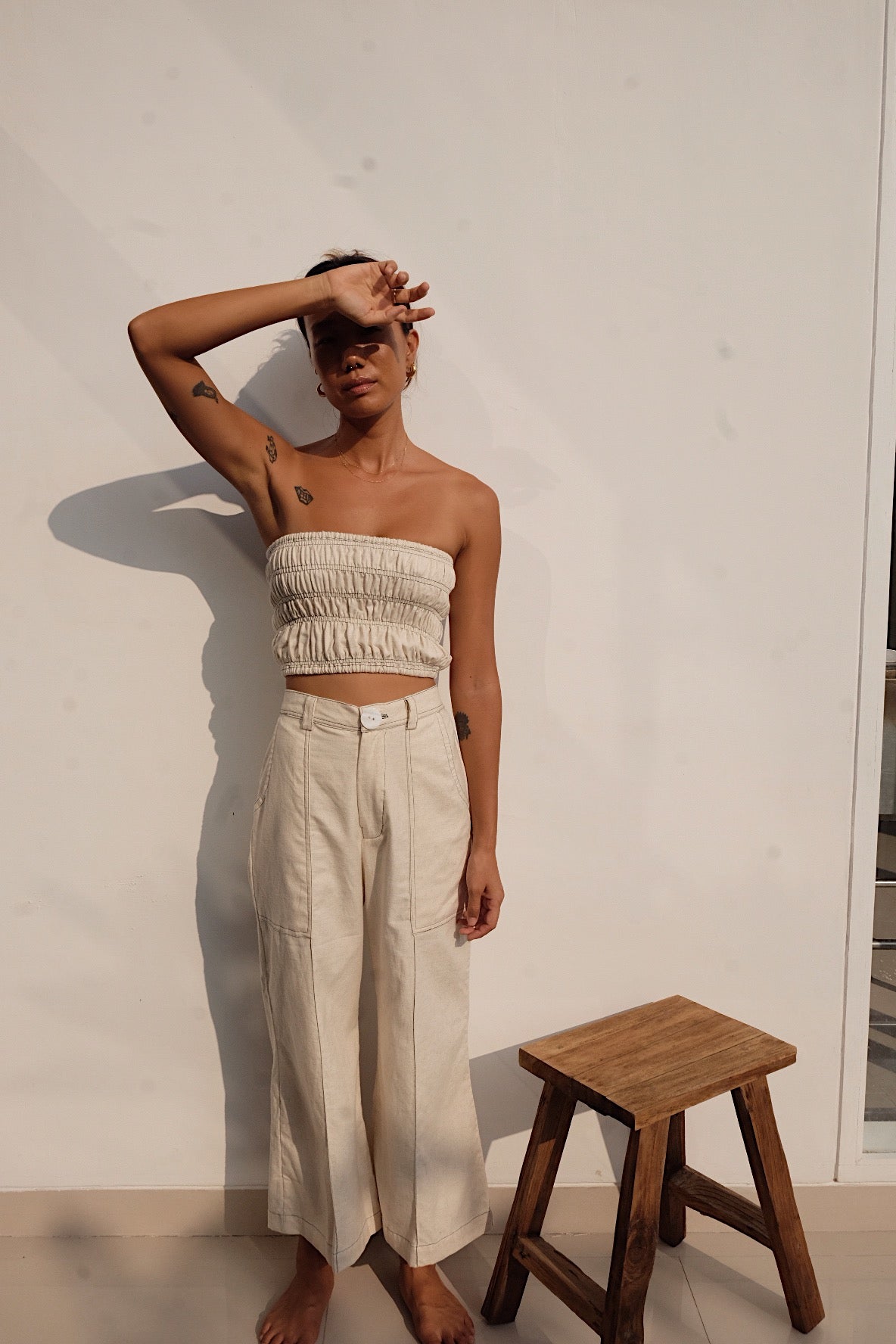 oatmeal linen blend cropped flare pants with contrast stitching