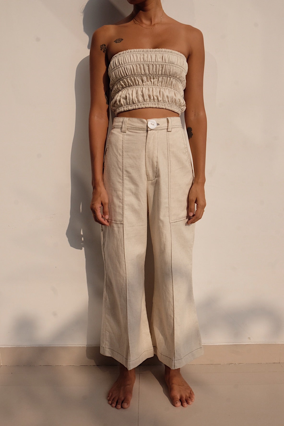 oatmeal linen blend cropped flare pants with contrast stitching