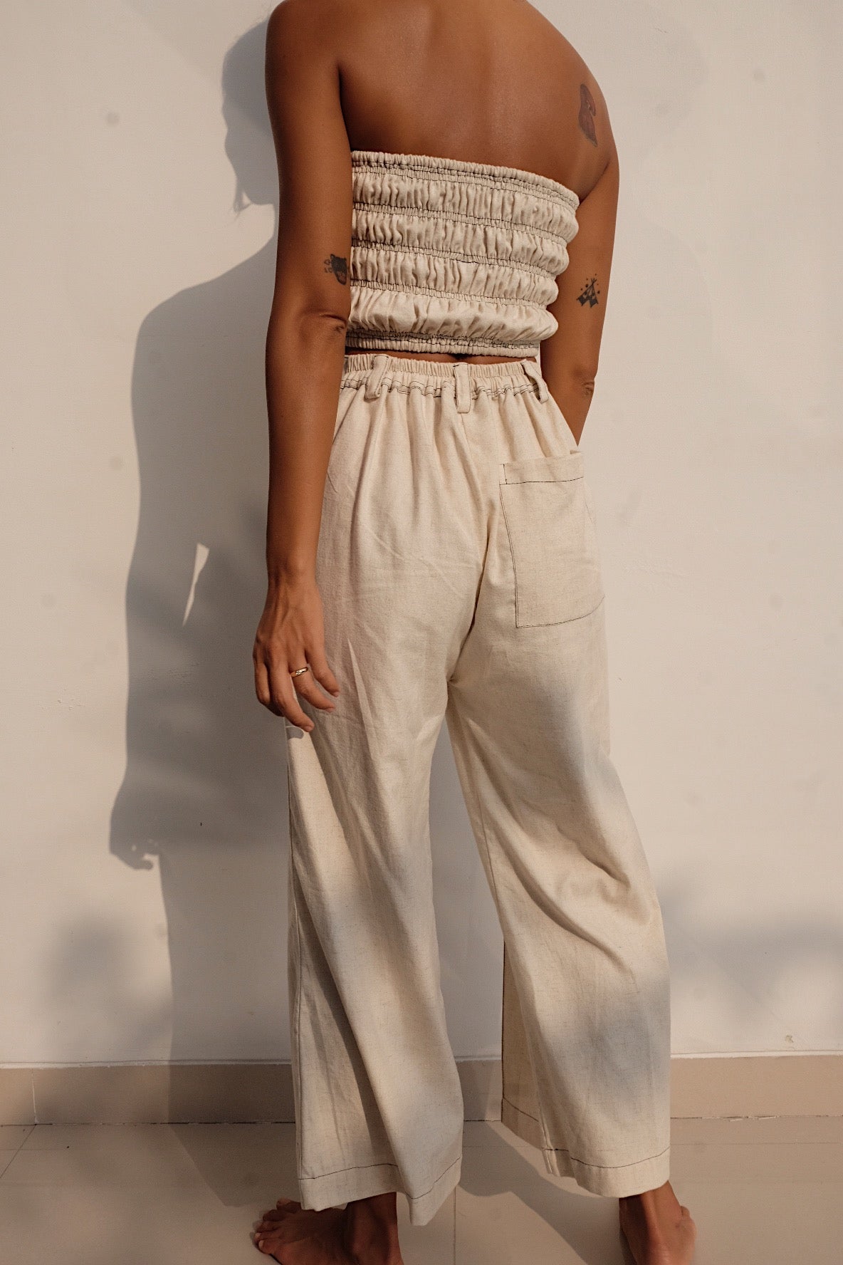 oatmeal linen blend cropped flare pants with contrast stitching