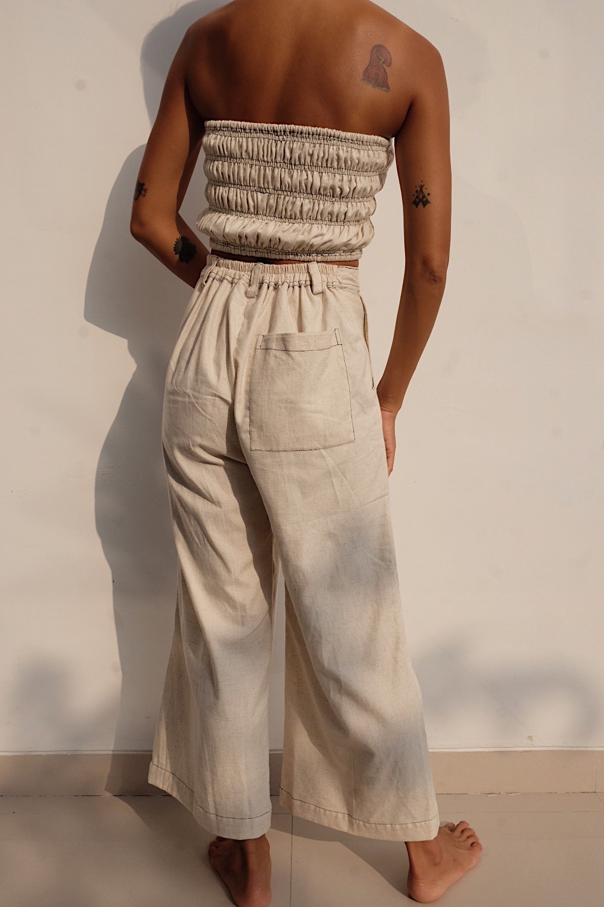 oatmeal linen blend cropped flare pants with contrast stitching