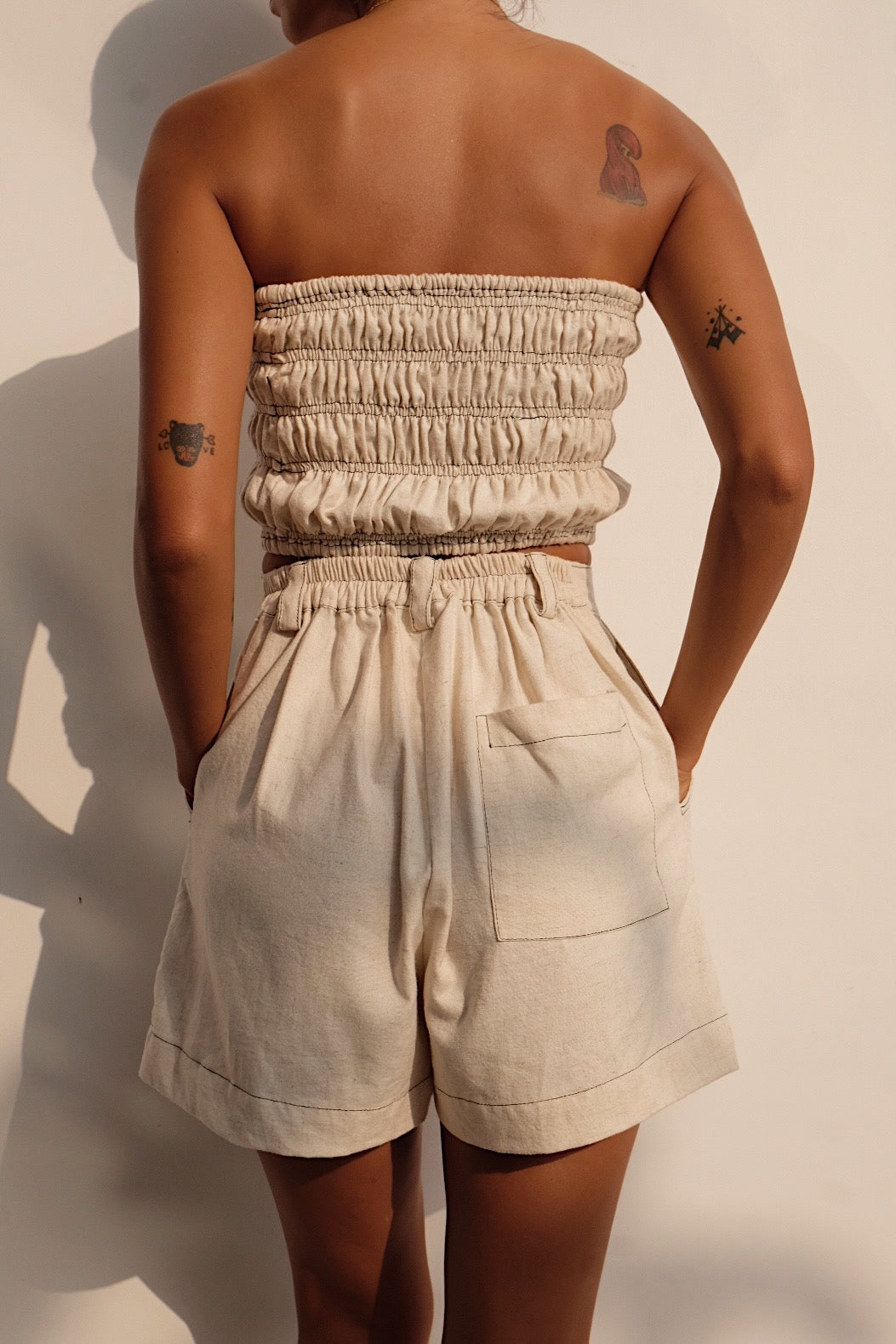 oatmeal linen blend work short contrast stitching