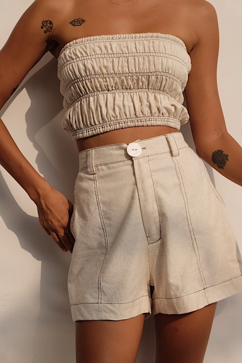 oatmeal linen blend work short contrast stitching