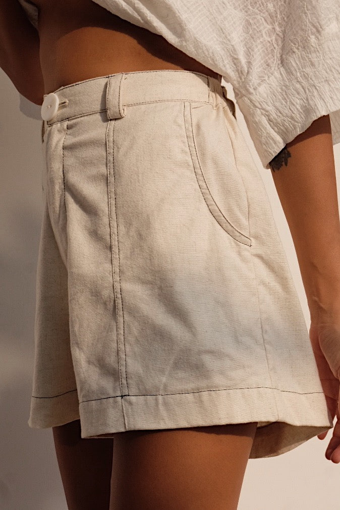 oatmeal linen blend work short contrast stitching