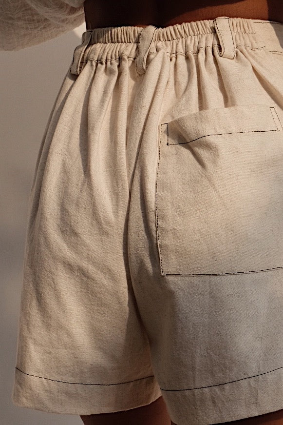 oatmeal linen blend work short contrast stitching