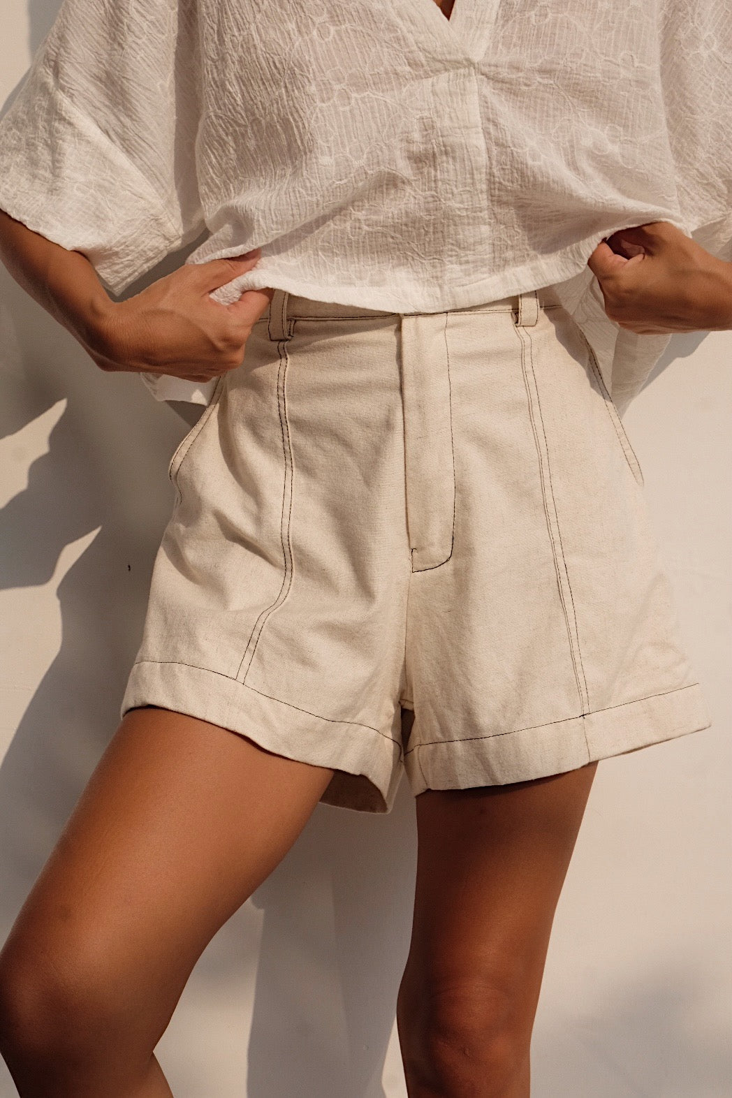 oatmeal linen blend work short contrast stitching