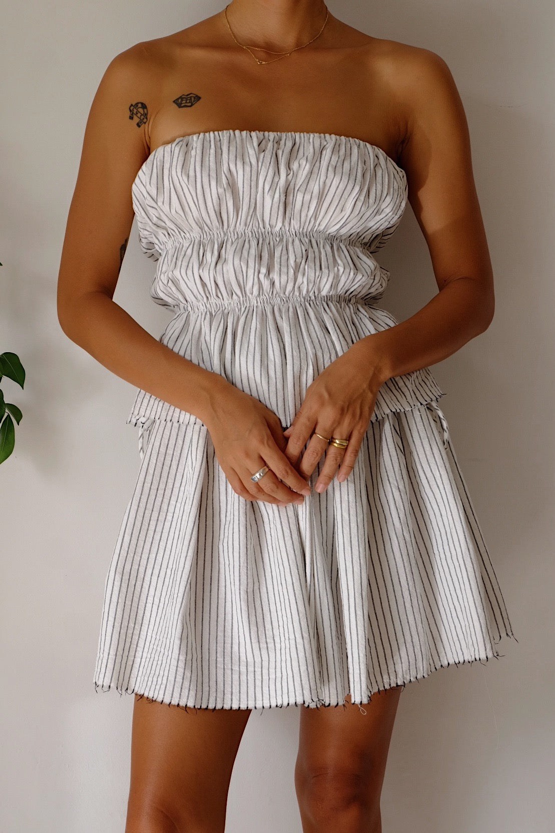 cotton stripe bandeau frill top