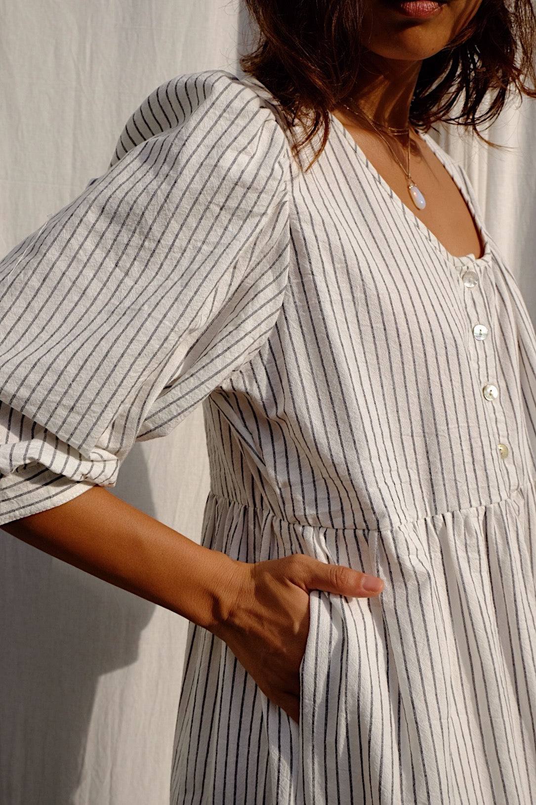 cotton stripe puff sleeve long dress with shell buttons